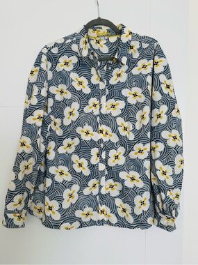 Boden Womens Floral Swirl Print Button Down Shirt Navy Yellow White US 16R